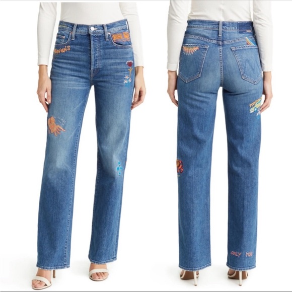 Mother SUPERIOR Rambler Sneak Straight Leg Embroidered Jeans NEW